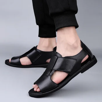 Мужские уличные удобные летние дышащие черные римские сандалии из воловьей кожи, пляжная мужская повседневная полая обувь, прямая поставка 38-47