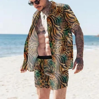 Летние мужские гавайские комплекты из двух костюмов с тонким принтом, рубашка на пуговицах с коротким рукавом, пляжные шорты, уличная одежда, повседневный мужской комплект из 2 предметов на каждый день