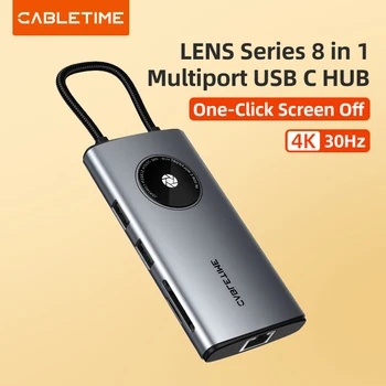CABLETIME 8 в 1 USB-КОНЦЕНТРАТОР Type C к HDMI 4K 30Hz LAN 1000 Мбит/с Слот для SD-карты One Touch Design USB C Storage C464