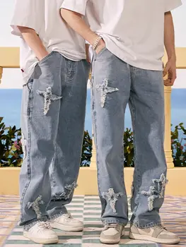 Мужские джинсы American High Street, Y2K, рваные джинсовые брюки с высокой талией в стиле ретро, летние Модные широкие прямые брюки-карго