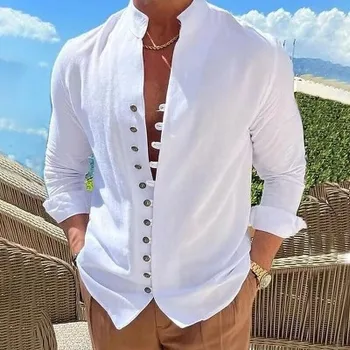 Мужская свободная пляжная повседневная рубашка на пуговицах, однотонный топ, рубашка с длинным рукавом для отпуска, модная мужская одежда