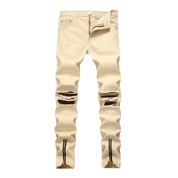 Рваные джинсы мужская джинсовая одежда бренда Tide Повседневные трендовые брюки для нищих Брюки-карандаш с отверстием на молнии до колена Дизайн Большого размера