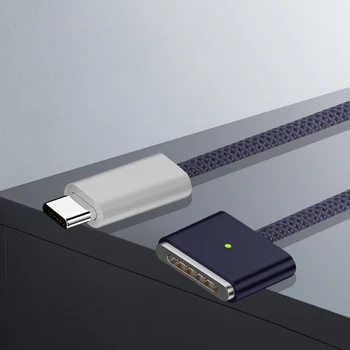 Разъем Type-C к Магнитному Шнуру Зарядного устройства со светодиодными индикаторами, Кабель для зарядки USB-C PD3.1 Высокой мощности для MacBook Air/Pro 2021 2022 2023