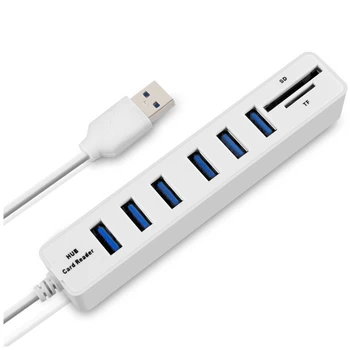 USB-концентратор, 6-портовый адаптер-расширитель, USB 2.0-концентратор, мульти USB-разветвитель, 2.0-концентратор, USB-концентратор, устройство чтения карт SD / TF для ПК, белый