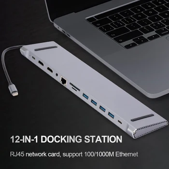 12 в 1 Мульти USB-разветвитель Двойная HDMI-совместимая Док-станция для ноутбука 4K 1080P Док-станция для ноутбука RJ45 VGA USB C КОНЦЕНТРАТОР Micro SD TF Слот