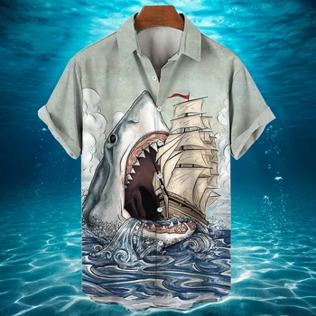 Мужская рубашка с 3D принтом Океанских животных, Летняя рубашка с акулой, Повседневная Уличная Свободная Гавайская одежда с коротким рукавом 2023