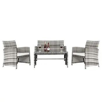 Набор мебели из ротанга 4шт включает в себя 1 Двухместное Сиденье, 2 Одноместных сиденья, 1 Журнальный столик с подлокотниками, Комбинированный диван Серого цвета.