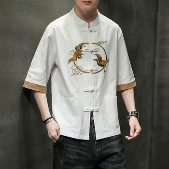 Мужские летние рубашки в китайском стиле 2023 года, костюм Тан, традиционная рубашка с рисунком журавля с коротким рукавом, мужские повседневные рубашки в стиле ретро Hanfu