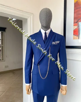 Мужское вечернее платье королевского синего цвета с двойными лацканами, однобортные мужские блейзеры, 2 предмета, пальто, брюки, новейший дизайн, Роскошный деловой стиль