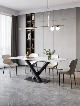 Обеденный стол простой современный обеденный стол из каменной плиты прямоугольный домашний стол для небольшой квартиры из углеродистой стали