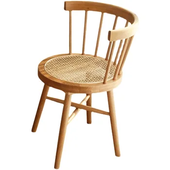 Японский обеденный стул Windsor из цельного дерева, плетеный из ротанга, Домашний Ретро-повседневный стул со спинкой, Простой стул для макияжа в спальне
