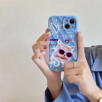 Корея милый кот в розовых очках с сердечком, 3D складной силиконовый чехол для телефона iPhone 11 12 13 14 Pro Max, забавная креативная мультяшная обложка