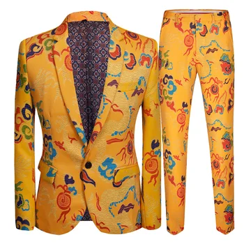 Модный мужской повседневный костюм с рисунком желтого дракона в китайском стиле 2023 года / Мужской тонкий ведущий сценической вечеринки, 2 комплекта блейзеров, куртка и брюки
