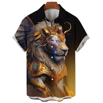 Мужские рубашки с животными, мужская одежда с 3D принтом Льва, повседневная Свободная рубашка Оверсайз с коротким рукавом, Пляжная вечеринка, Гавайская блузка