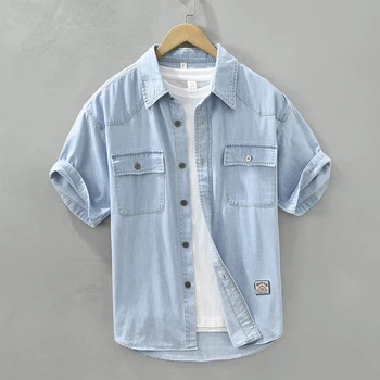 Мужская джинсовая рубашка из 100% хлопка, летние Новые свободные топы с коротким рукавом, мужские ковбойские рубашки с отложным воротником