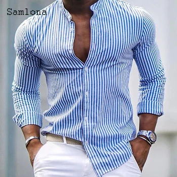 Мужские Элегантные вечерние рубашки с длинными рукавами, одежда 2023, топы с воротником-стойкой, винтажная блузка в полоску, мужская базовая рубашка для улицы моды