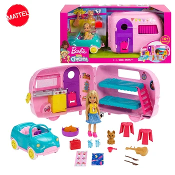 Оригинальный Mattel Barbie Club Chelsea Кукольный домик на колесиках с аксессуарами Poppy, коллекция игрушек для девочек, интерактивные подарки для детей