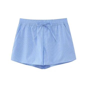 YENKYE 2023 Женские шорты из поплина в синюю полоску с винтажной резинкой на шнурке и высокой талией, Женские Летние повседневные короткие брюки