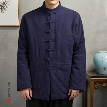 2023 зимнее корейское стильное теплое льняное пальто с пряжкой, куртки на подкладке для мужчин, повседневное тонкое льняное пальто с воротником-стойкой для мужчин, размер M-4XL