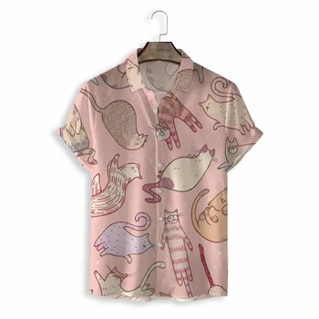 Летняя гавайская розовая рубашка с милым кошачьим принтом, повседневная уличная одежда с коротким рукавом и пуговицами