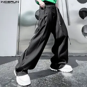 Модные мужские брюки 2023 года, Однотонные Свободные Прямые брюки на пуговицах, мужская уличная одежда, Плиссированные повседневные длинные брюки в корейском стиле, INCERUN