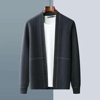 Осенне-зимняя новая мужская куртка из 100% козьей шерсти, однотонный кардиган с V-образным вырезом, модный и удобный свитер