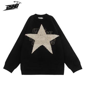 Свитер Оверсайз, мужские винтажные вязаные свитера с буквенным принтом в виде звезд, модный повседневный пуловер в стиле Харадзюку, уличная одежда унисекс Y2K
