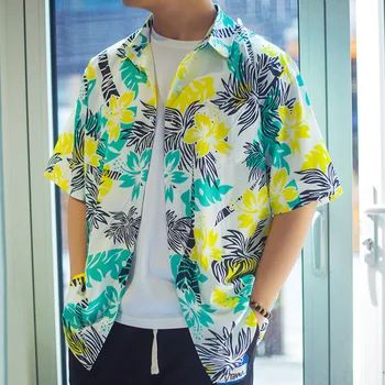 Мужская летняя рубашка с коротким рукавом, рубашки на пуговицах с цветочным принтом, пальмовые рубашки для мальчиков, праздничная гавайская пляжная одежда больших размеров Xxxl, Корейская верхняя одежда