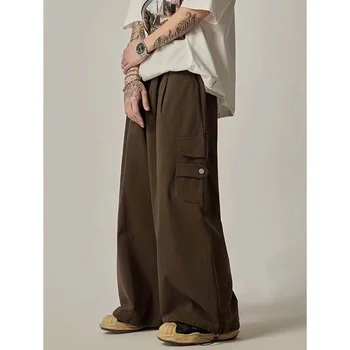 Тренд мужской моды 2023, винтажные повседневные брюки, японский функциональный стиль, широкие брюки-карго, брюки серого / коричневого цвета