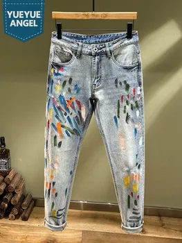 Модные уличные облегающие брюки-карандаш, мужские эластичные повседневные джинсы с принтом граффити, светло-голубые выстиранные винтажные джинсовые брюки, мужские