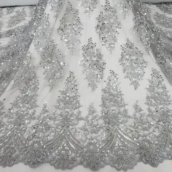 Высококачественная серебристая кружевная ткань с 3D свадебной вышивкой для свадебного платья с бисером и пайетками 5 ярдов HY2429