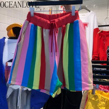 Шорты с эластичным поясом в полоску OCEANLOVE, Корейская мода, Контрастный цвет, Радужные Женские брюки, Винтажные Свободные Летние Панталоны Cortos
