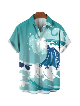 Мужская пляжная рубашка оверсайз с принтом океанской волны, Однобортные Свободные топы в стиле харадзюку с короткими рукавами, Роскошная мужская одежда Dazn, Лето